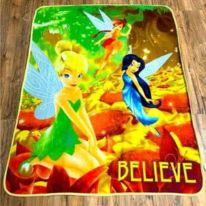Vtg Disney Faries Reversible Tinkerbell Believe Throw Blanket Sunflower 44X58